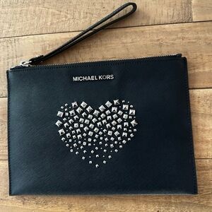 Michael Kors Large Black Clutch Wristlet with Silver Heart Accents